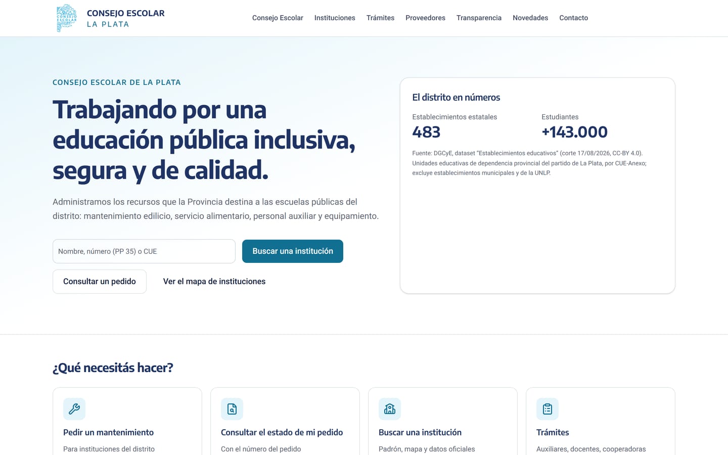 Portada del portal del Consejo Escolar de La Plata, con buscador de instituciones y cifras del distrito