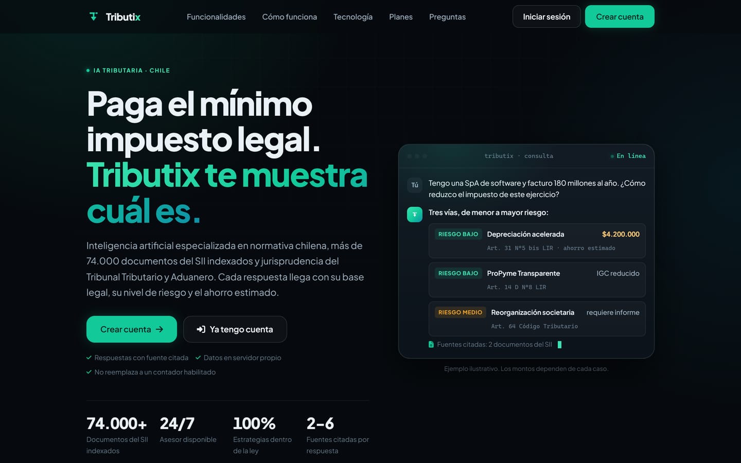 Portada de Tributix, con el asistente tributario mostrando tres vías de ahorro ordenadas por riesgo